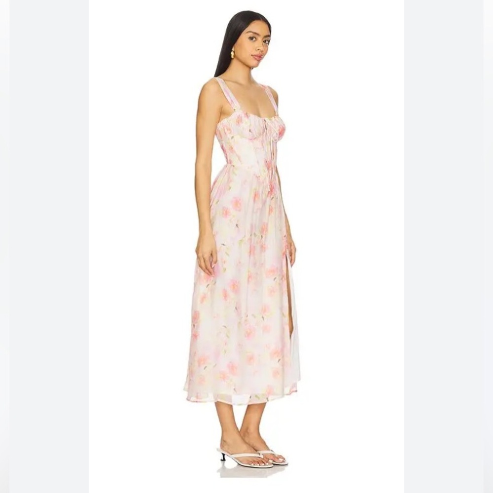 Bardot Floral Midi Dress in Pink and White
